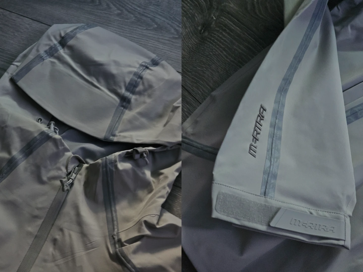 سترة رمادية وتفصيل اسم Arc’teryx