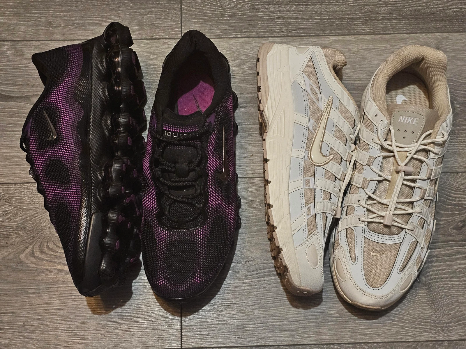 Two pairs of Nike sneakers in dark purple and light neutral colours