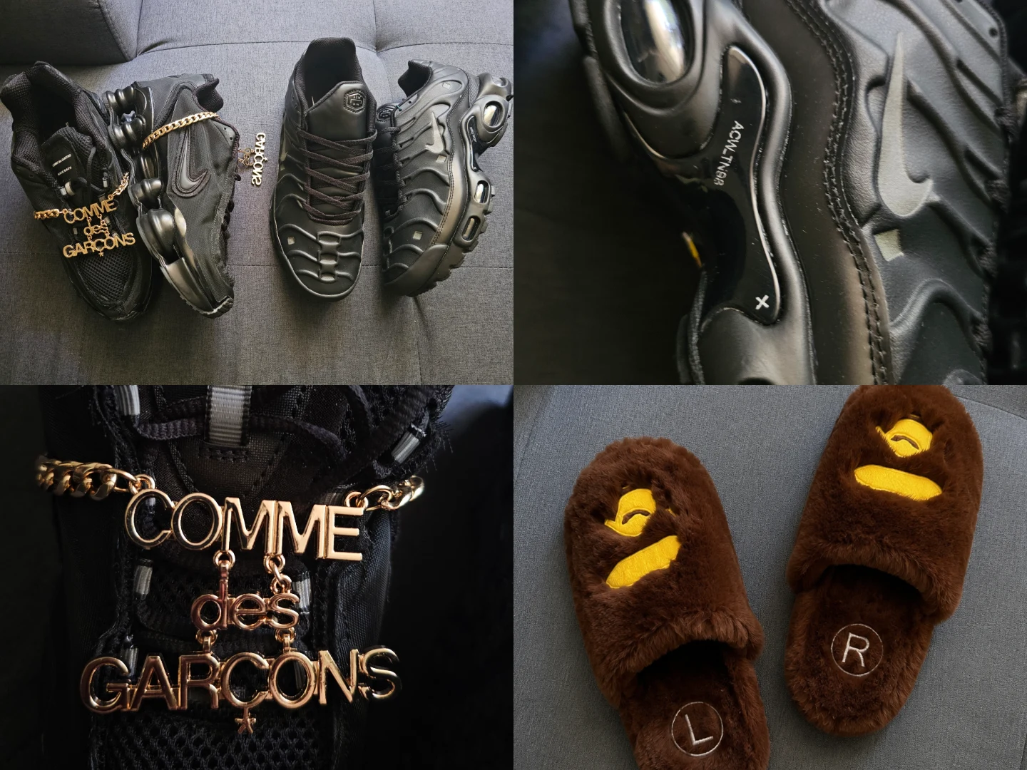 Collage de chaussures, détails de marques et chaussons bruns duveteux