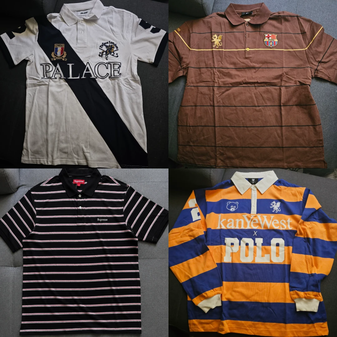 Quatre polos et hauts à motifs réunis en collage