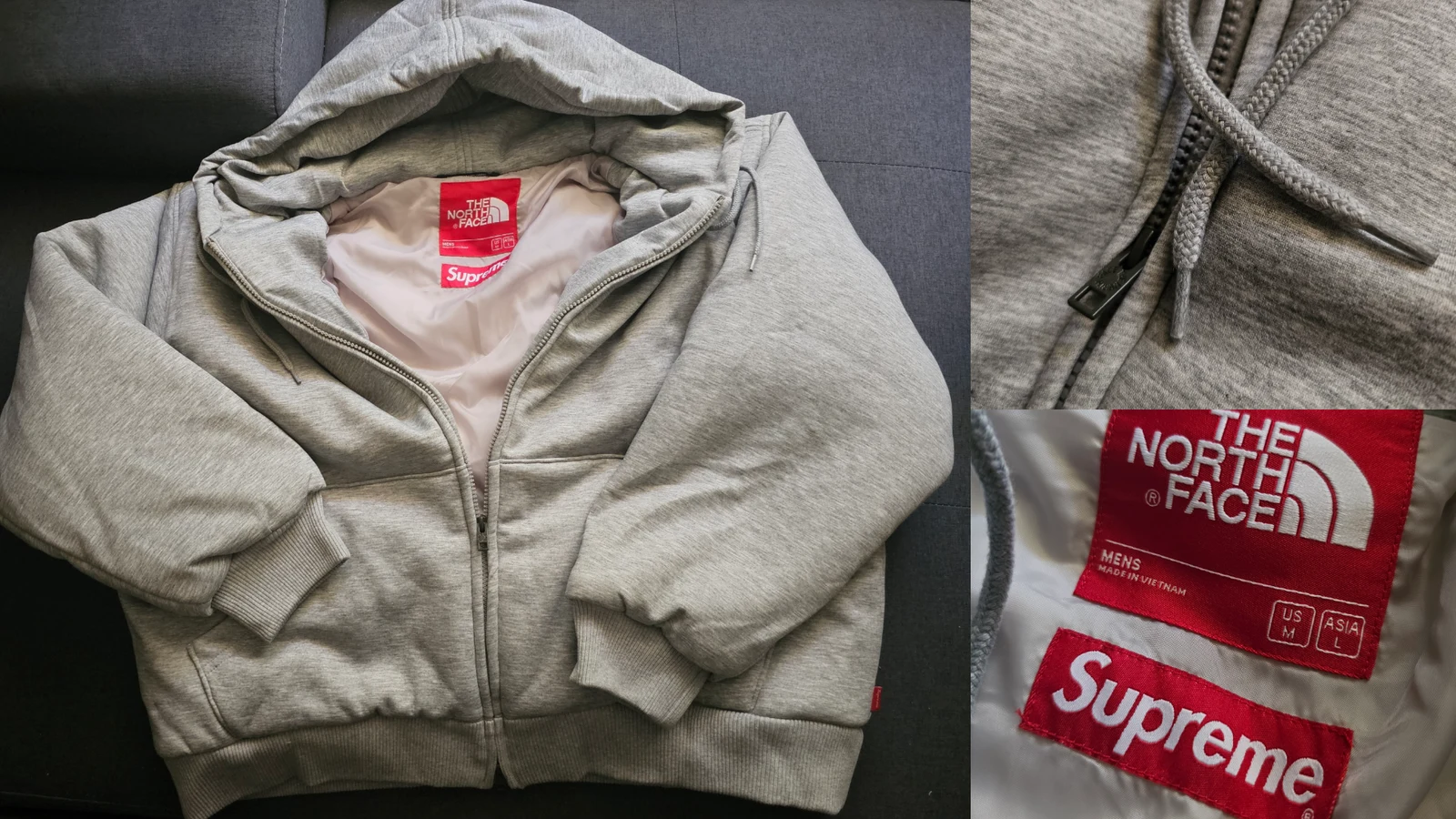 Doudoune grise Supreme et North Face avec gros plans des étiquettes