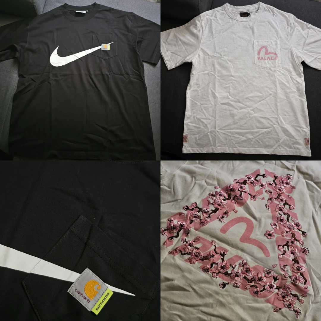 T-shirts noirs et blancs avec gros plans de leurs imprimés