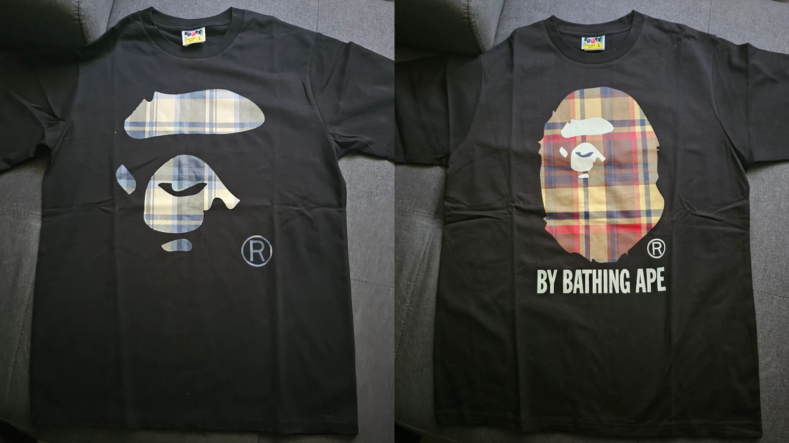 Deux T-shirts noirs BAPE à motifs présentés côte à côte