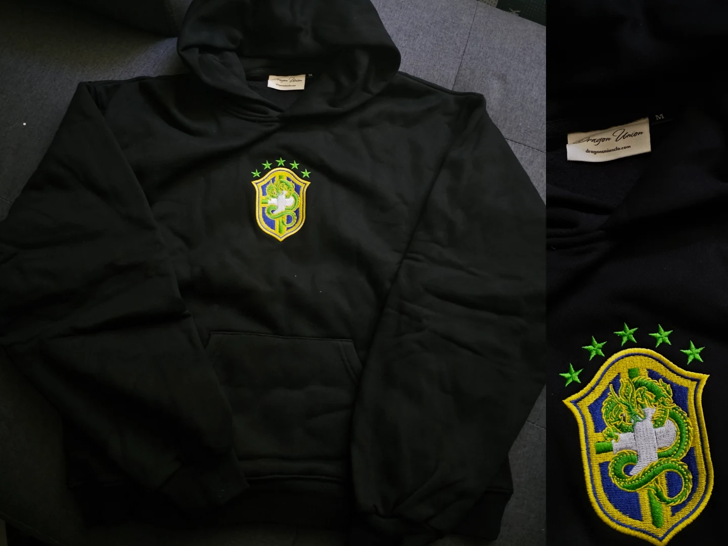 Sweat noir à capuche avec emblème du Brésil et gros plan brodé