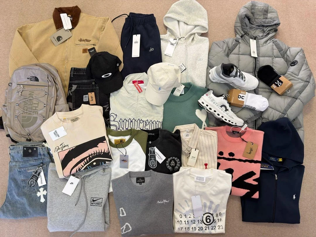 Overview of the Germany haul, with clothing, shoes and accessories laid out together